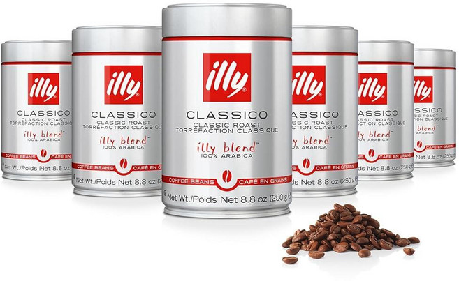 Illy 디카페인 원두 커피 Classico 미디엄 로스트 100프로 아라비카 프리미엄 이탈리아 에스프레소 드립 모카 프렌치 프레스 브루잉에 이상적 249.5g8.8온스 6팩, 8.8 Ounce (Pack of 6), 250g