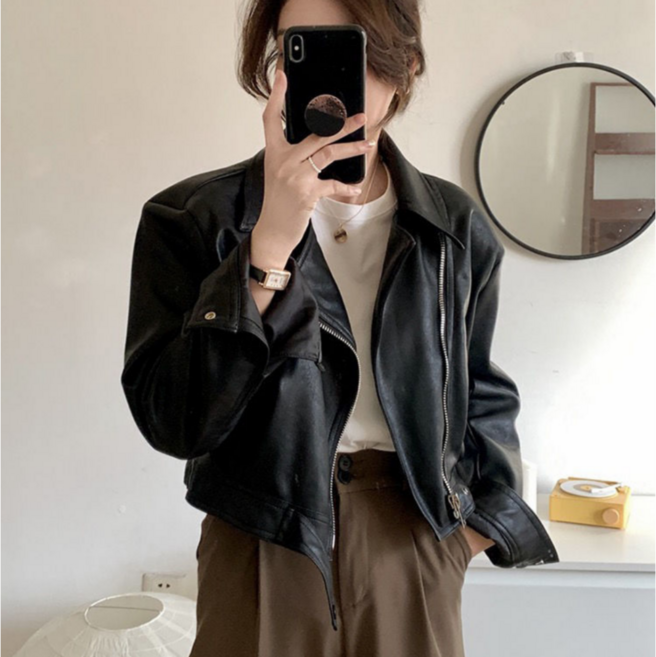 핏몬 여성 가벼운 세미크롭 레더 지퍼 인조가죽 검정 자켓