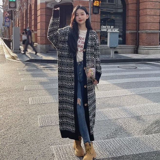 여성 롱 니트 가디건 가을 겨울 캐주얼 빈티지 니트 코트 기질 브이넥 아우터 패션 스웨터 상의 YHY