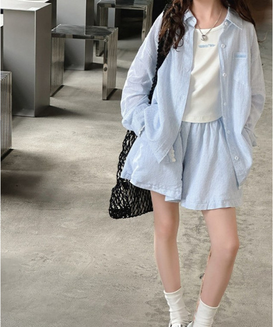 몽키카카 여아 데일리룩 주니어 초등 여름 블루 셔츠 반바지 3종세트