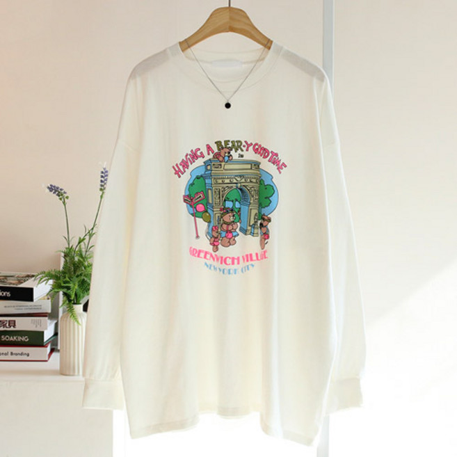 에스제이룩 여성용 여행베어박스 오버핏 빅사이즈 긴팔 티셔츠