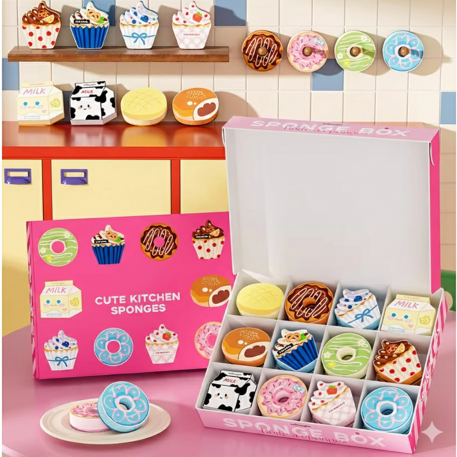 오마리 감성 홈카페 디저트 주방 수세미 24종 세트 도넛 컵케이크 귀여운 캐릭터 입체 스펀지 수세미 집들이 답례품 선물, 1개