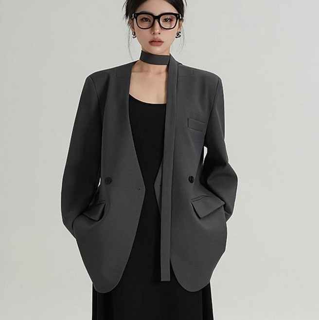 모몰라티 여성 브이넥 봄가을 루즈핏 캐주얼 정장 아우터