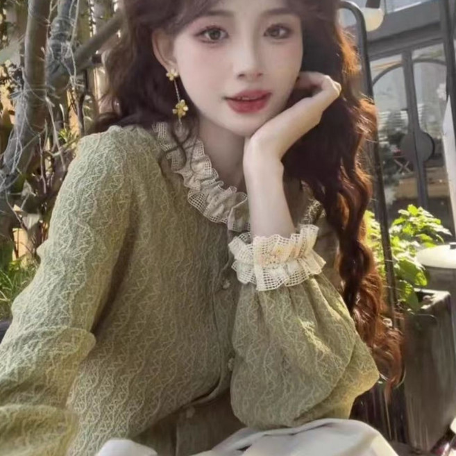 COSYEVNO 여성 봄 가을 레이스 블라우스 긴팔 프릴 넥라인 루즈핏 BCXxfs-1
