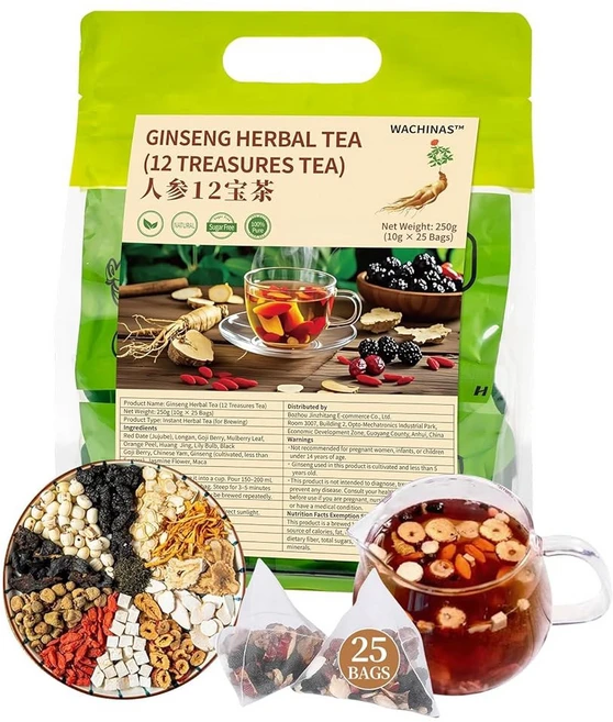 프리미엄 인삼차 - 천연 유기농 신장 및 간 해독 차 고지 베리 주스 롱간 멀버리 & 마카가 함유된 12가지 허브 블렌드 카페인 설탕 프리 개별 포장 피라미드 대형 티백 50개, 25 Bags/1 Pack, 25개 - 쿠팡