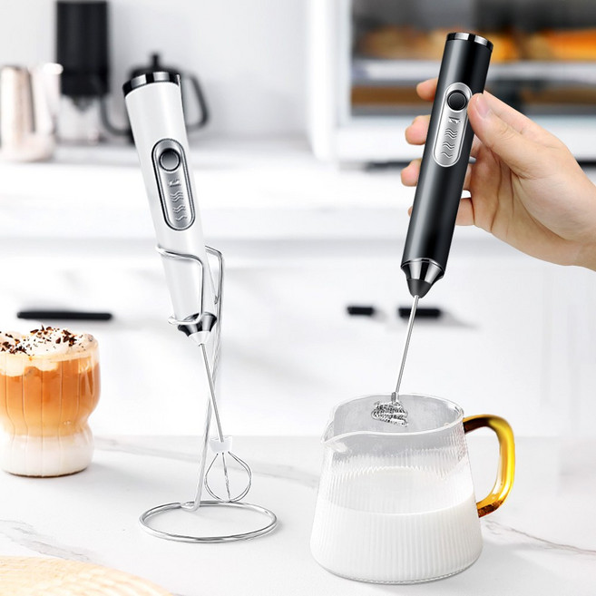 Ditwo 미니 무선 전동 휘핑기 우유 거품기 스프링 헤드 + 거품 헤드 + 거치대, 블랙, DDQ
