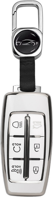 MODACE 제네시스 TPU 소프트젤 자동차키 보호케이스 6버튼/8버튼 + 가죽 메탈 키링, 와 금속 카라비너, 6버튼 실버 화이트