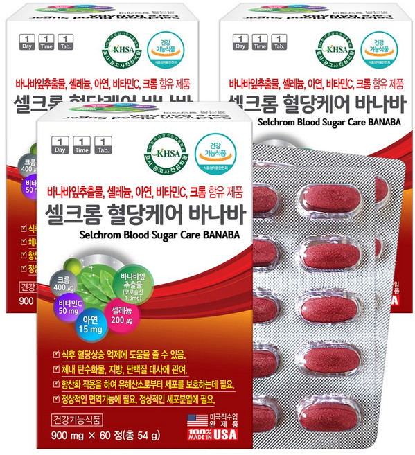 셀크롬 식후 혈당 건강 케어 바나바 60정X3통 코로솔산 크롬 셀렌 코엔자임, 3개, 60정