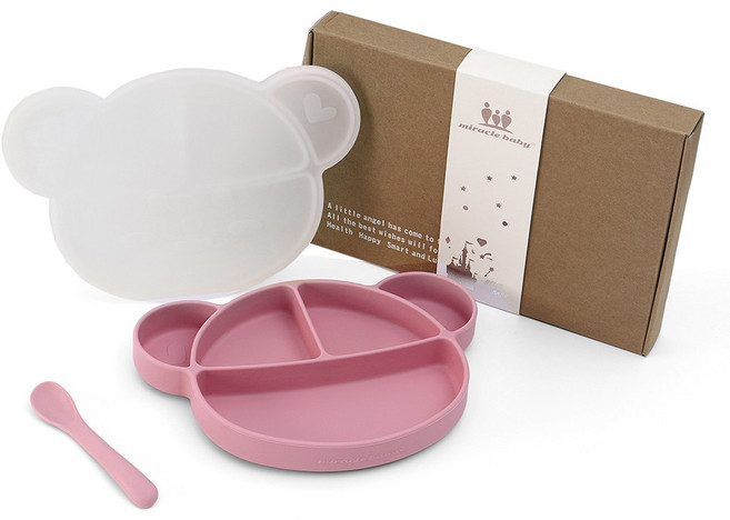 Miracle baby 유아용 실리콘 흡착 식판+ 스푼 선물세트, 분홍색