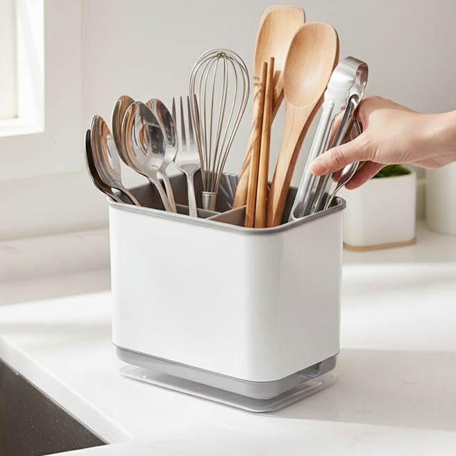홈앤로그 3분할 물빠짐 주방 수저통, 1개, 화이트
