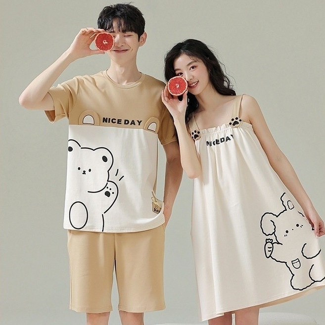 러빙유 커플잠옷 귀여운 신혼부부 원피스 반팔 민소매 캐릭터 순면 여름