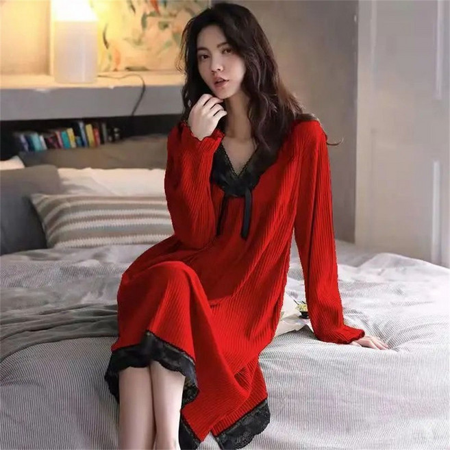 besteffie 여성 홈웨어 가을 브이넥 루즈핏 레이스 파자마 긴팔원피스 레드잠옷 빅사이즈 잠옷 원피스 C55