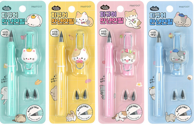 핑크풋 3000 냥냥 피규어 만년연필 HB 4종 세트, 혼합색상, 1세트