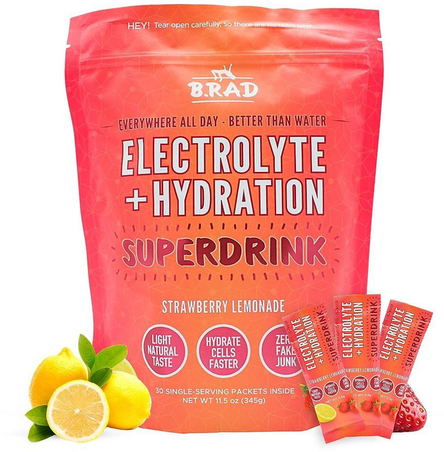 B.rad Superdrink 무설탕 전해질 및 하이드레이션 파우더 크레아틴 포함 | 뇌 및 회복 부스터 플러스 | 11.5g 점보 1인용 패킷 30개 | 가볍고 천연 딸기, B.rad Superdrink 무설탕 전해질 및 하이드, 1