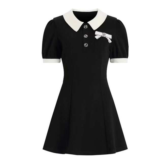 ROYALBELLE 키작은 여성 반팔 카라넥 원피스 고급 리본 미니 원피스 러블리 치마 H032505