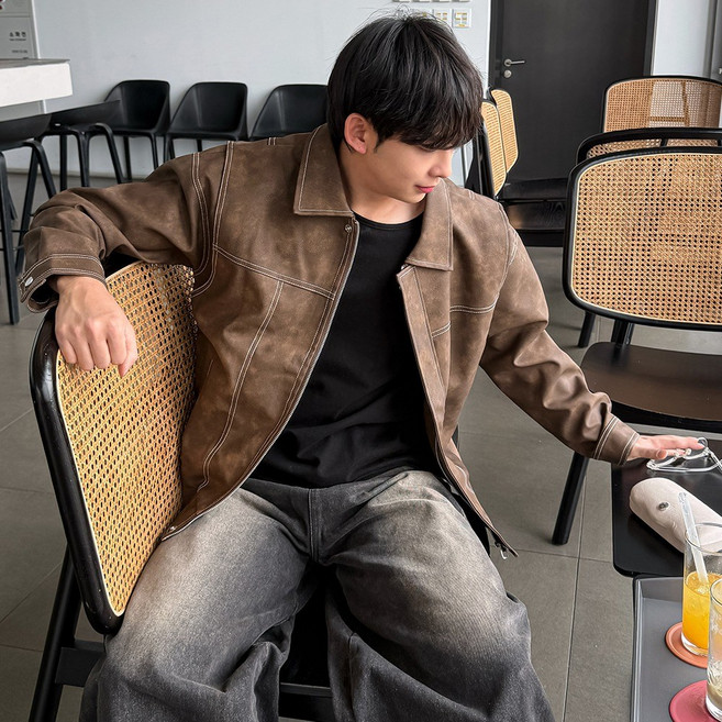 [클라쓰업]헤비 남자 스티치 크랙 레더 오버핏 블루종 자켓