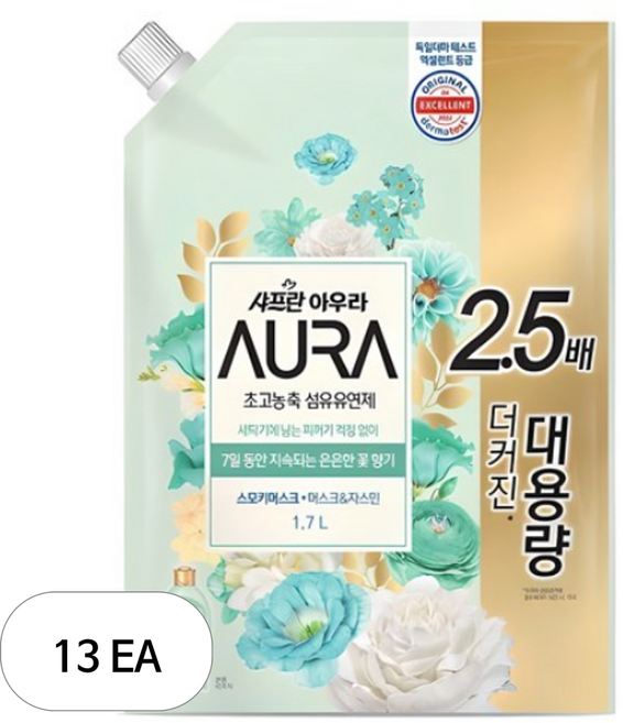 아우라 초고농축 섬유유연제 스모키머스크 리필, 1.7L, 13개