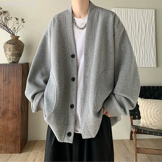日系慵懶風外套男潮牌高級感V領針織衫春秋美式復古寬鬆休閒外套