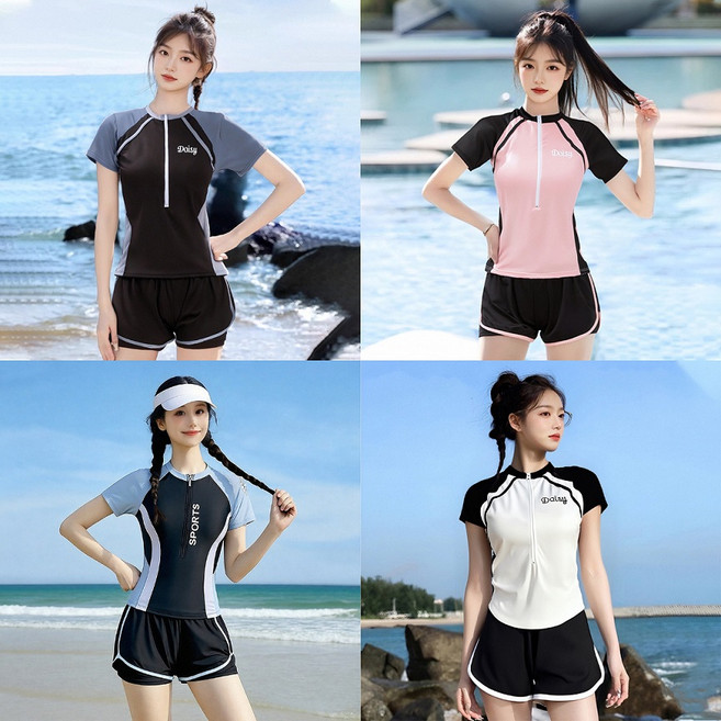 運動款短袖泳衣連體褲套裝, 黑灰