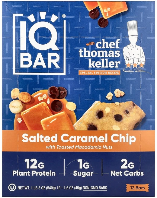 IQBAR 플랜트 프로틴 바 구운 마카다미아 넛이 함유된 솔티드 캐러멜 칩 12개입 개당 45g(1.6oz) IQBAR (아이큐바), IQBAR, 플랜트 프로틴 바, 구운 마카다미아 넛이, 45g - 쿠팡