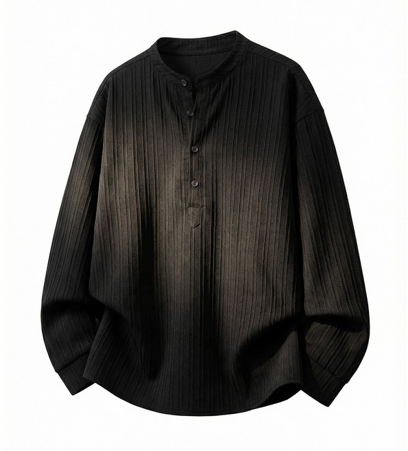 【老錢風立領】男士襯衫 長袖襯衫 休閒襯衫 商務襯衫 條紋襯衫 半門襟設計 豎條紋理 透氣親膚 春季通勤 日常百搭