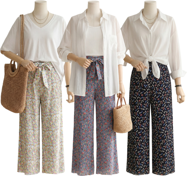 1+1 시원한 꽃무늬 플리츠 냉감 팬츠 촌캉스 바지 여행 패션 홈웨어