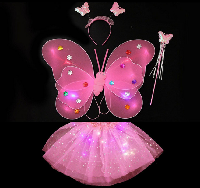 여아용 발광 나비 날개 장식 어린이 역할놀이용소품 날개 불빛 전기식 등 요정 드레스 장난감, 1개, 핑크 + 스커트_2