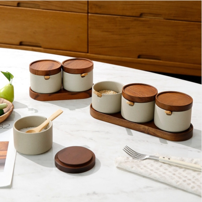 [곱하기] 플라라 아카시아 우드 스톤 양념통 내츄럴, 2구세트(양념통2P+스푼2P+우드받침), 1개