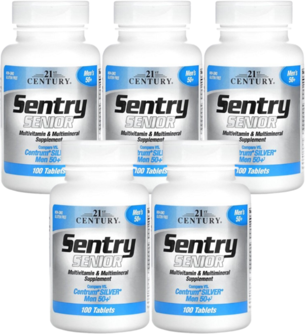 (5병) 21st Century 센트리 시니어 종합비타민 및 종합미네랄 보충제 50세 이상 남성용 100정, 5개