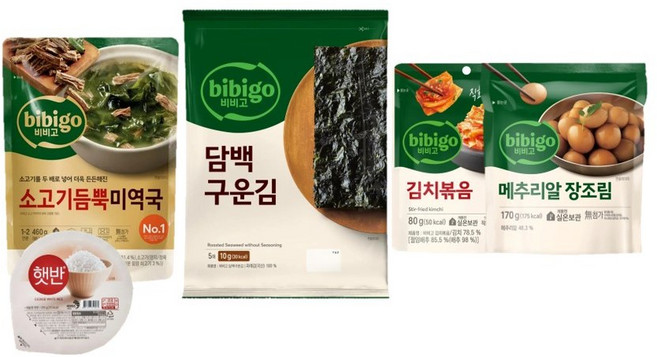 비비고 한끼 국반찬세트(햇반 소고기미역국 메추리알장조림 김치볶음 구운김) 혼밥 간편식 밀키트, 1세트, 885g