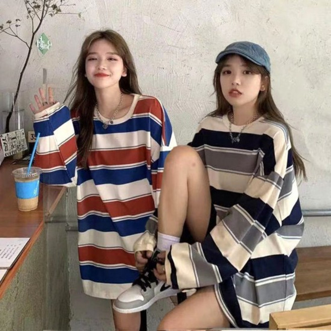 데일로엔 여성 스트라이프 청 배색 긴팔티셔츠