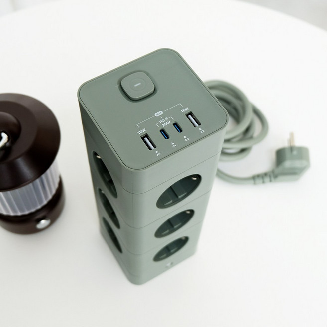 에코너 고용량 타워 멀티탭 총16구 고속충전기 내장 USB C PD 20W, 그린 톤, 1개, 180cm