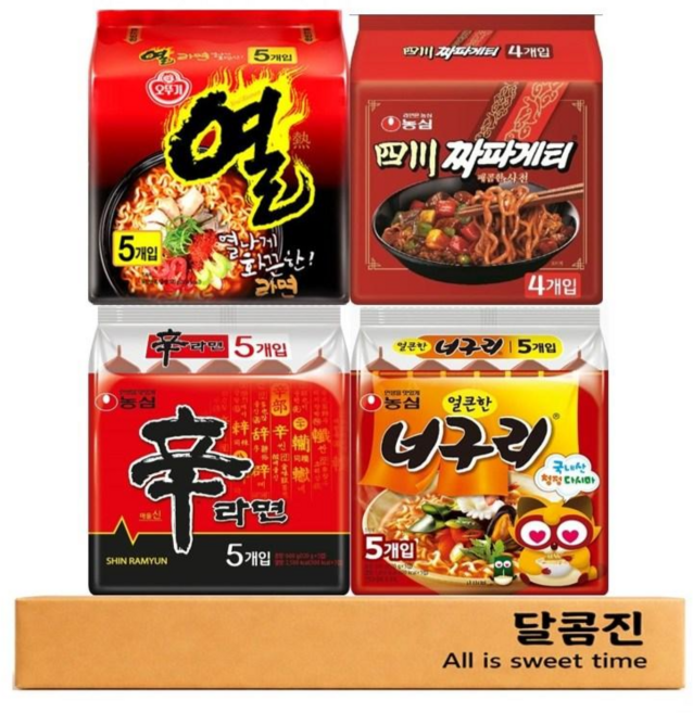 [달콤진] 신라면 5P + 얼큰한 너구리 5P + 열라면 5P + 사천짜파게티 4P, 1세트