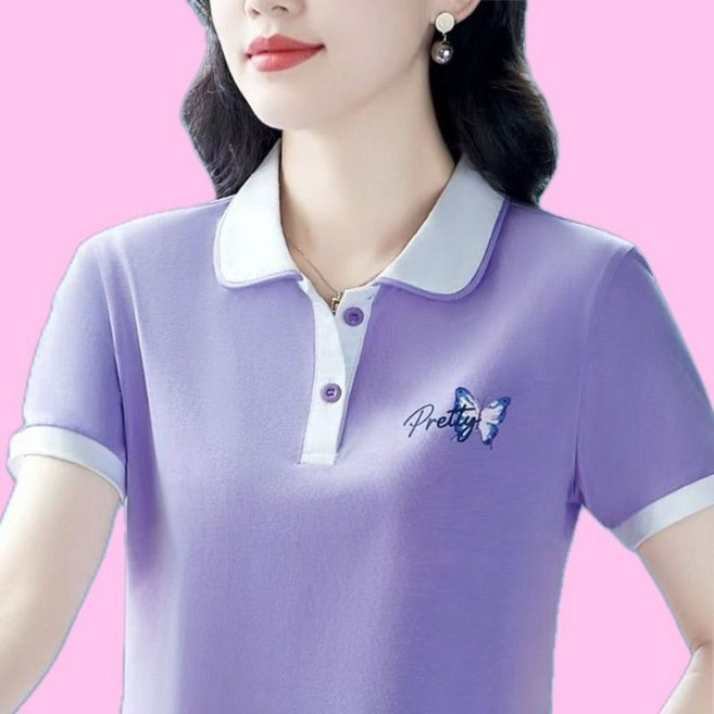 중년 여성 폴로넥 반팔티 봄 여름 엄마 폴로셔츠 심플 쿨링 터틀넥 티셔츠 캐주얼 기질 상의 WMY