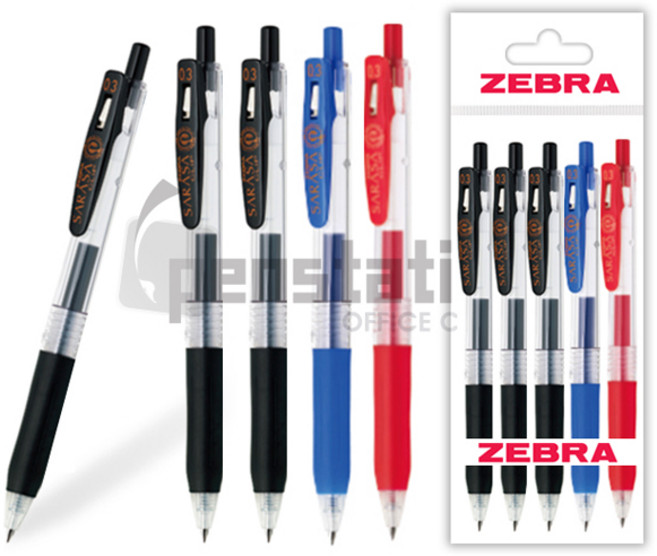 제브라 사라사 클립 중성펜 0.3mm 5개 세트, 사라사클립 0.3mm 블랙3개+블루1개+레드1개 세트