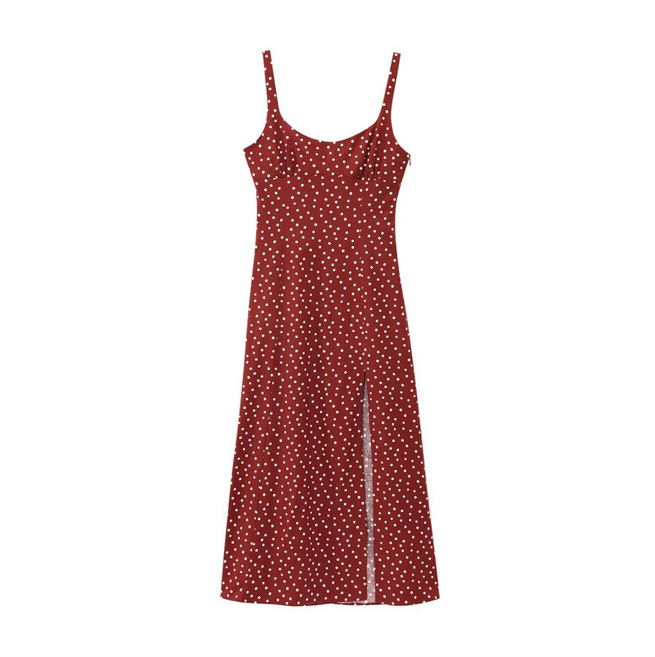【亞麻波點】吊帶連衣裙 連衣裙 女裝 夏裝 法式復古 度假風 修身顯瘦 歐美外貿新品 通勤約會, 紅色波點