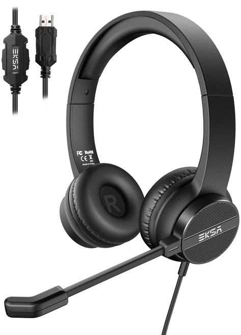 EKSA H12 고객센터 헤드폰 음량 조절 마이크 음소거 버튼 노이즈 캔슬링 마이크, USB 포트, 검정