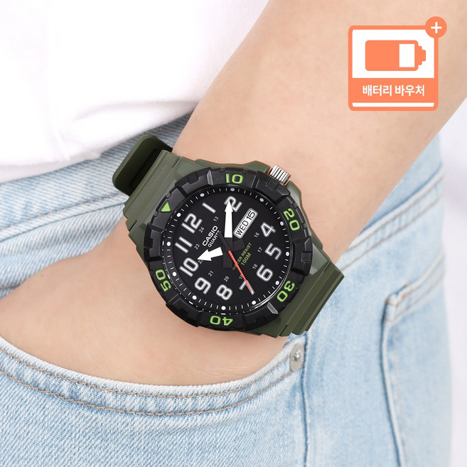 카시오 다이버 디자인 베젤 시인성 좋은 문자판 데이데이트 100미터 방수 우레탄시계 + 배터리 바우처