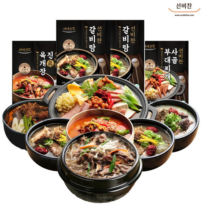 선비찬 양파뚝불 2봉+얼큰사골순대국 2봉+갈비탕2봉+부대찌개2봉(+사리면1봉)+진육개장2봉, 1세트