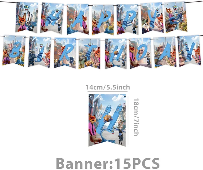 주토피아 닉과 주디 파티 장식 일회용 식기 세트 테이블보 배너 케이크 토퍼 풍선 생일 용품, 01 1set Banner