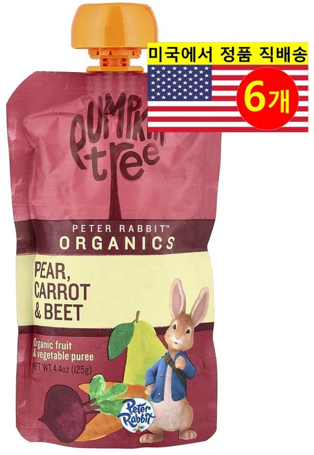 Pumpkin Tree Organics 어린이용 맛있고 영양이 풍부한 피터 래빗 오가닉 과일 퓌레 파우치 125g 3개, 6개 - 쿠팡