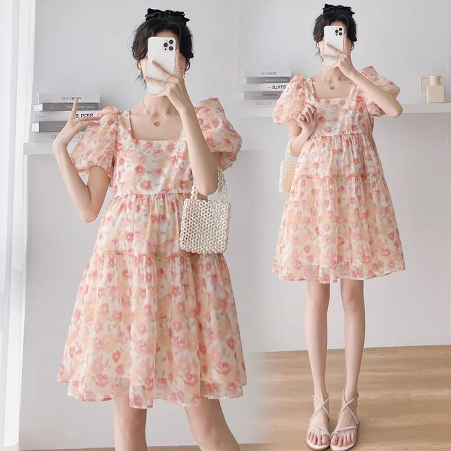 여름 임부 미니 원피스 꽃무늬 프린트 공주 소매 쉬폰 원피스 시원하고 우아한 스타일 JS