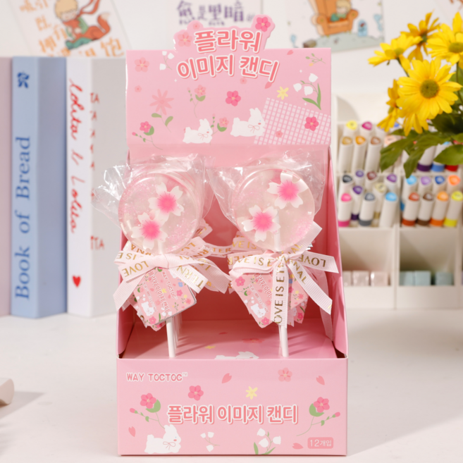 캔디마켓 웨이톡톡 무설탕 플라워 이미지 캔디 롤리팝 막대사탕 꽃집 발렌타인데이 화이트데이 행사선물추천, 12개, 28g