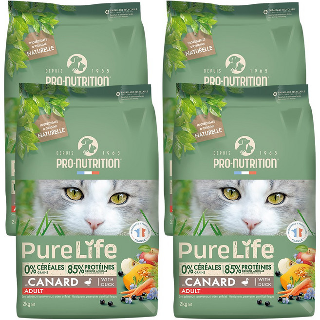 (항균 삽 증정) 프로뉴트리션 퓨어라이프 캣 오리 어덜트 저알러지 그레인프리 사료, 4개, 닭+오리