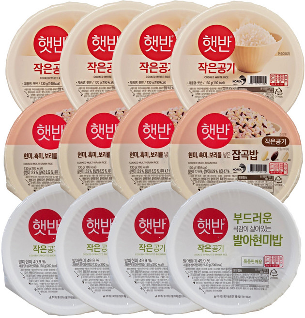 CJ 건강 햇반 작은공기 3종 혼합 ( 백미 + 잡곡 + 발아현미 ) 즉석밥 캠핑 음식, 130g, 12개