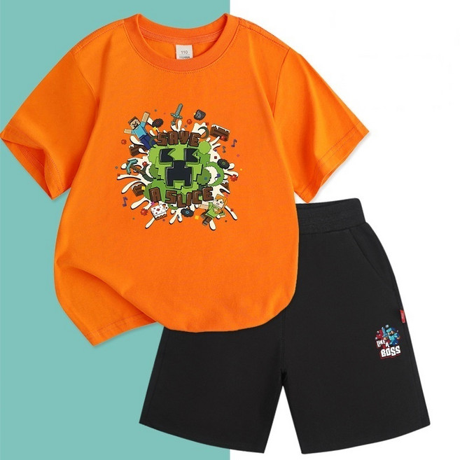 100% 순면 어린이 반팔 반바지 상해복 세트 마인크래프트 캐릭터 여름 티셔츠 운동복