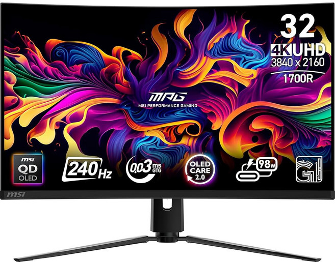MSI MPG 321URXW QD-OLED 32인치 3840 x 2160 UHD 컴퓨터 모니터 240Hz 적응형 동기화 HDMI DP 포트 VESA 마운트 가능 기울임 조절 스, MPG 321CURX QD-OLED 32 Inch 38, 1개