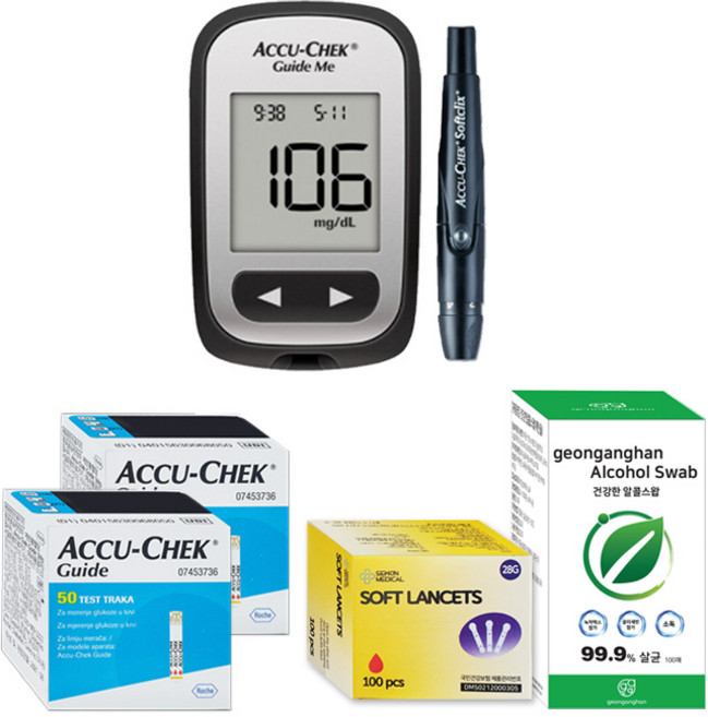 로슈 아큐첵 가이드미 혈당 측정기+채혈기+시험지100매+건강한알콜스왑100매+호환침100개, 1개, 세트