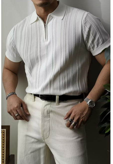 FINE ART 남성 골지 니트 반팔 셔츠 반집업 카라 티셔츠 슬림핏 남방 빅사이즈 여름니트 반팔티