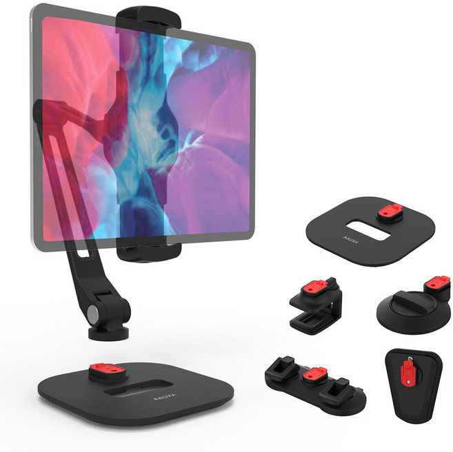 억스 마운트 태블릿 거치대 아이패드 프로 미니 갤럭시탭 12.9인치 스마트폰 침대 차량용 거치대, 화이트 E세트(암+스탠드형+2구흡착형), 1개